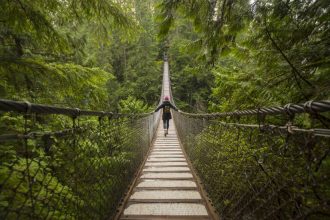 Woman on Lynn canyon suspension bridge, North Vancouver, British Columbia, Canada