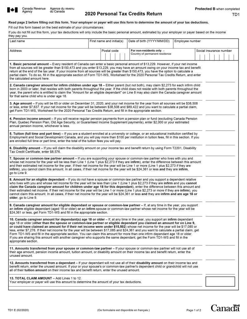 TD1 form- important forms in Canada